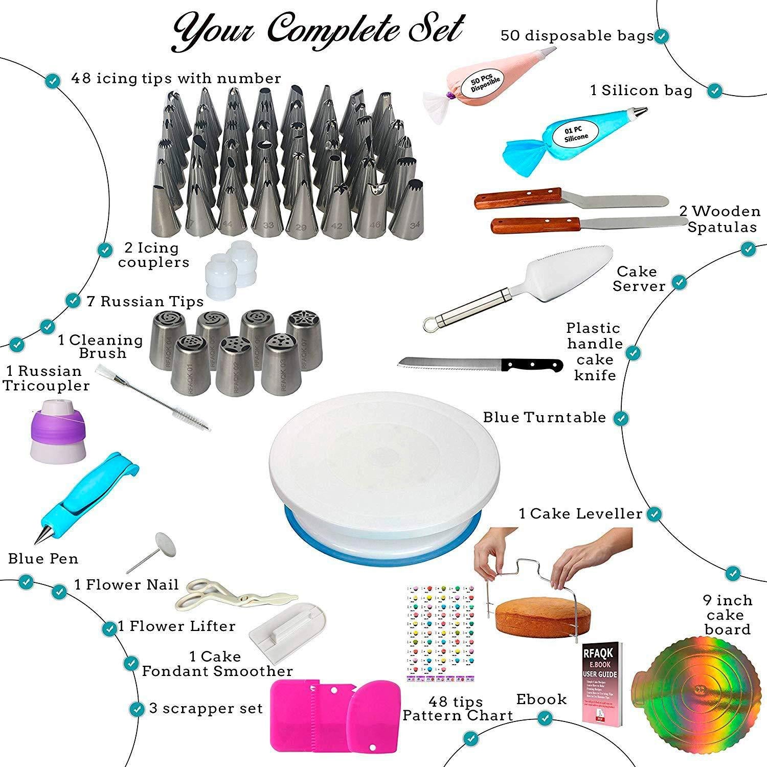 124 Pce Piping Icing Nozzles Tips Bags Turntable Scrapers Cake Cupcake Decorating