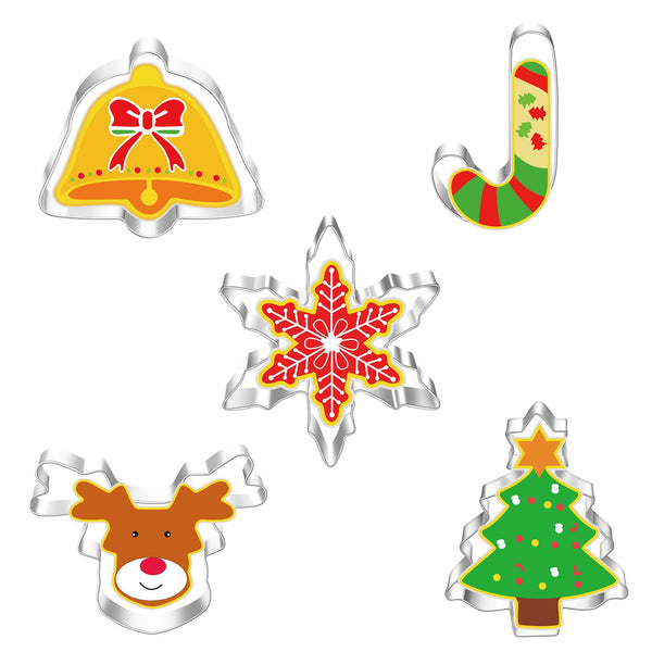 5 Pce Christmas Tree Snowman Snowflake Reindeer Cookie Biscuit Stainless Steel Cutters Molds