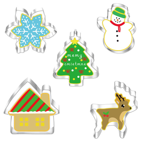 5 Pce Christmas Tree Snowman Snowflake Reindeer Cookie Biscuit Stainless Steel Cutters Molds