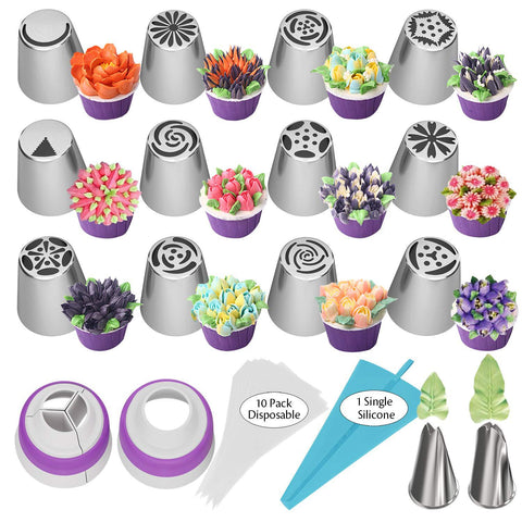 27 Pce Russian Piping Icing Pastry Nozzles Tips Flower Leaf Bags Cake Decorating
