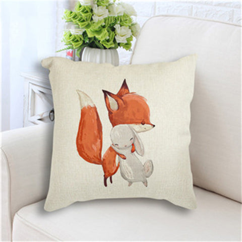 Cute Fox Rabbit Print Linen Look Nursery Kids Bedroom Cushion Cover Square 45cm
