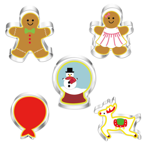 5 Pce Christmas Tree Snowman Snowflake Reindeer Cookie Biscuit Stainless Steel Cutters Molds