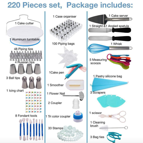220 Pce Piping Icing Nozzles Tips Bags Turntable Scrapers Cake Cupcake Decorating