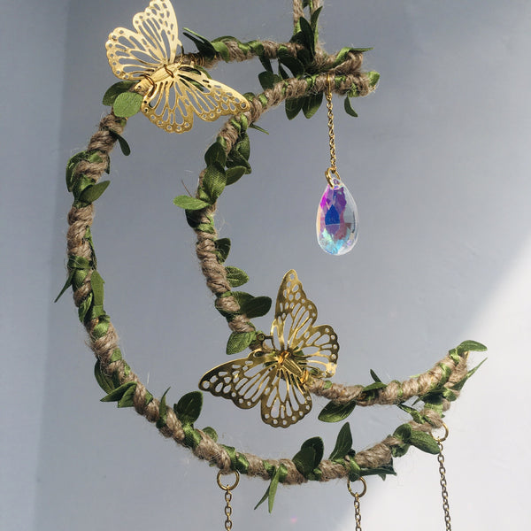 Hemp Rope Leaf Butterfly Moon Wind Chime Natural Crystal Garden Decoration