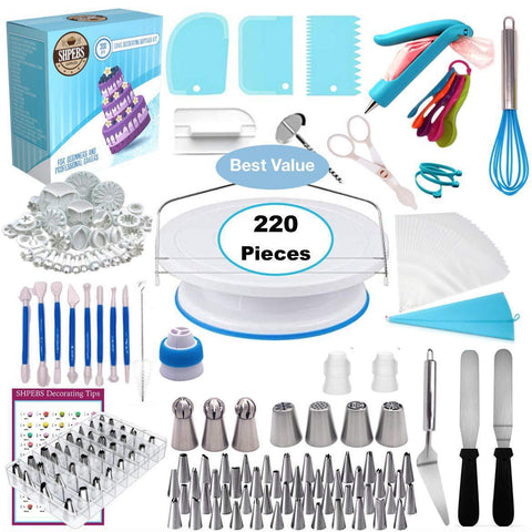 220 Pce Piping Icing Nozzles Tips Bags Turntable Scrapers Cake Cupcake Decorating