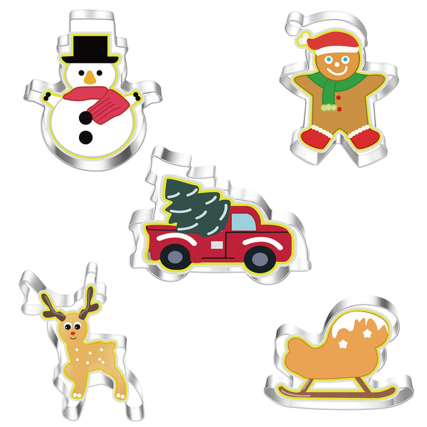 5 Pce Christmas Tree Snowman Snowflake Reindeer Cookie Biscuit Stainless Steel Cutters Molds
