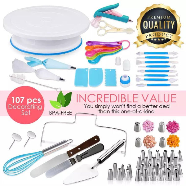 107 Pce Piping Icing Nozzles Tips Bags Turntable Scrapers Fondant Tools Cake Cupcake Decorating