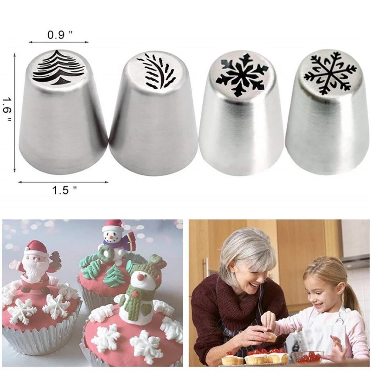 4 Piece Stainless Steel Christmas Cake Cupcake Decoration Icing Nozzle Set