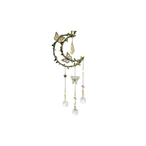 Hemp Rope Leaf Butterfly Moon Wind Chime Natural Crystal Garden Decoration