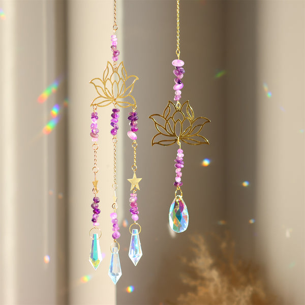 Natural Amethyst Lotus Flower Crystal Suncatcher Hanging Ornament