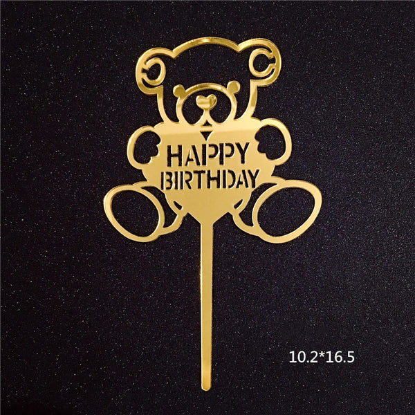Happy Birthday Bear Heart Love Acrylic Cake Topper Decoration Black Gold Silver Pink