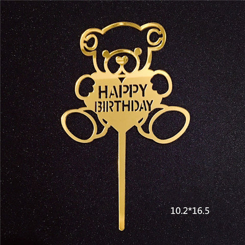 Happy Birthday Bear Heart Love Acrylic Cake Topper Decoration Black Gold Silver Pink