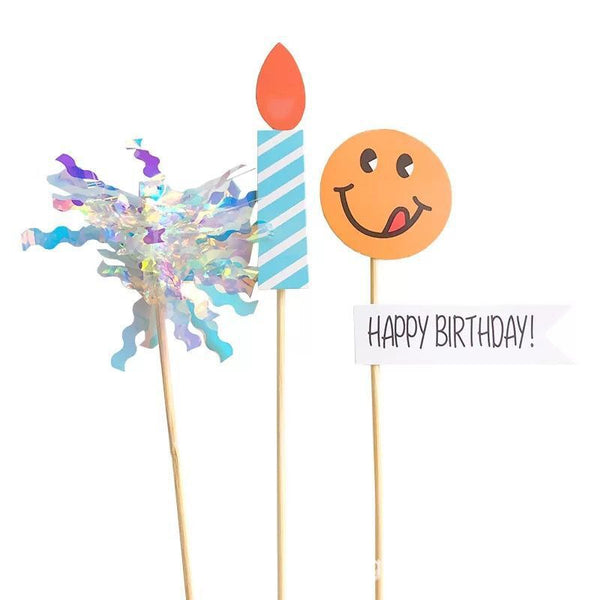 Happy Birthday Smiley Face Flag Bear Candle Rain Silk Cake Toppers Decoration