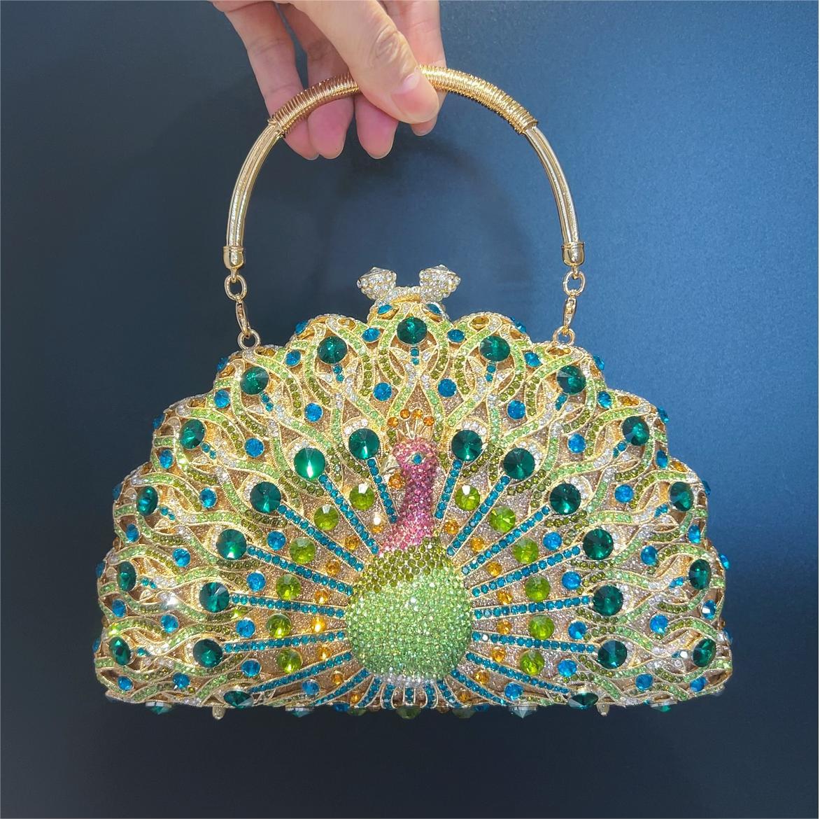 Peacock Rhinestone Crystal Evening Party Wedding Top Handle Bag Handbag