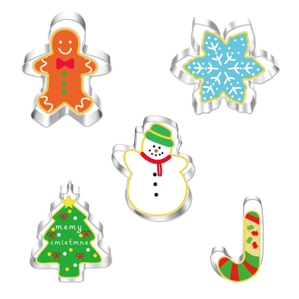 5 Pce Christmas Tree Snowman Snowflake Reindeer Cookie Biscuit Stainless Steel Cutters Molds