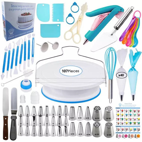 107 Pce Piping Icing Nozzles Tips Bags Turntable Scrapers Fondant Tools Cake Cupcake Decorating