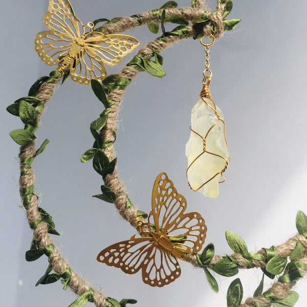 Hemp Rope Leaf Butterfly Moon Wind Chime Natural Crystal Garden Decoration