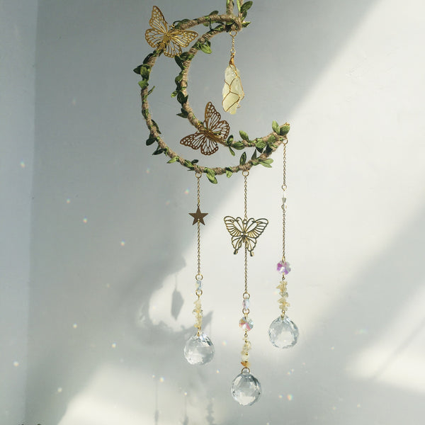 Hemp Rope Leaf Butterfly Moon Wind Chime Natural Crystal Garden Decoration