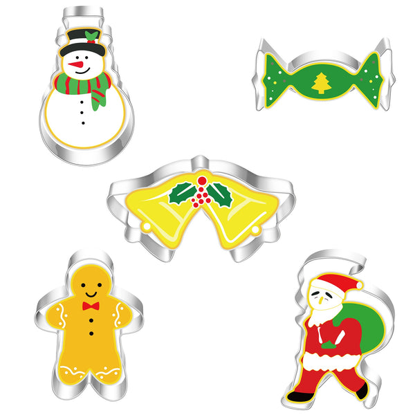 5 Pce Christmas Tree Snowman Snowflake Reindeer Cookie Biscuit Stainless Steel Cutters Molds