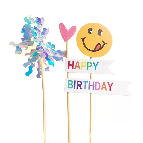 Happy Birthday Smiley Face Flag Bear Candle Rain Silk Cake Toppers Decoration