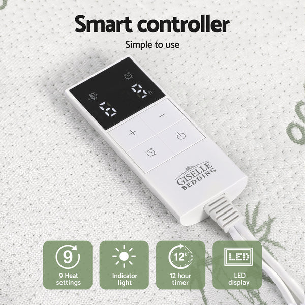 Giselle Fitted Electric Heated Blanket 9 Level LED Timer Bamboo Fabric Washable King