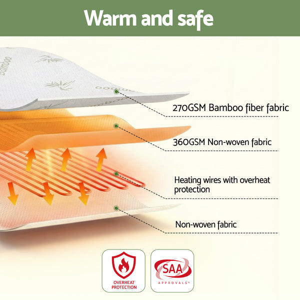 Giselle Fitted Electric Heated Blanket 9 Level LED Timer Bamboo Fabric Washable Single