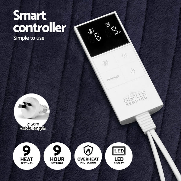 Giselle Electric Heated Fleece Flannel Throw Rug Blanket Double 200 x 180cm Charcoal