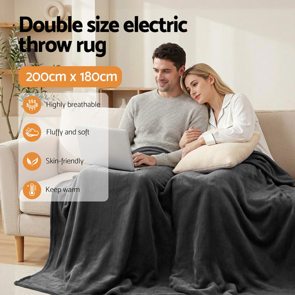 Giselle Electric Heated Fleece Flannel Throw Rug Blanket Double 200 x 180cm Grey