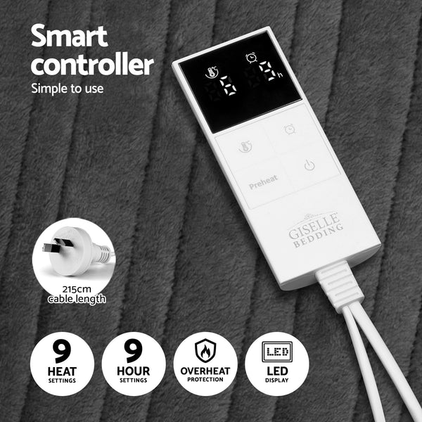 Giselle Electric Heated Fleece Flannel Throw Rug Blanket Double 200 x 180cm Grey