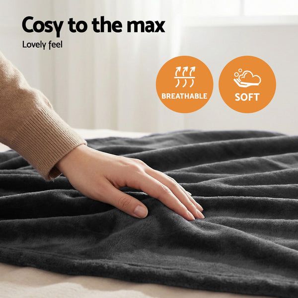 Giselle Electric Heated Fleece Flannel Throw Rug Blanket Double 200 x 180cm Grey