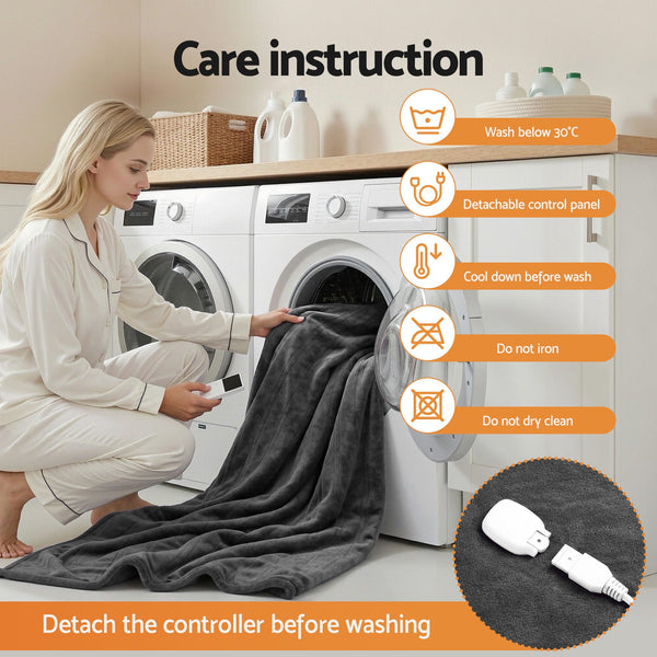 Giselle Electric Heated Fleece Flannel Throw Rug Blanket Double 200 x 180cm Grey