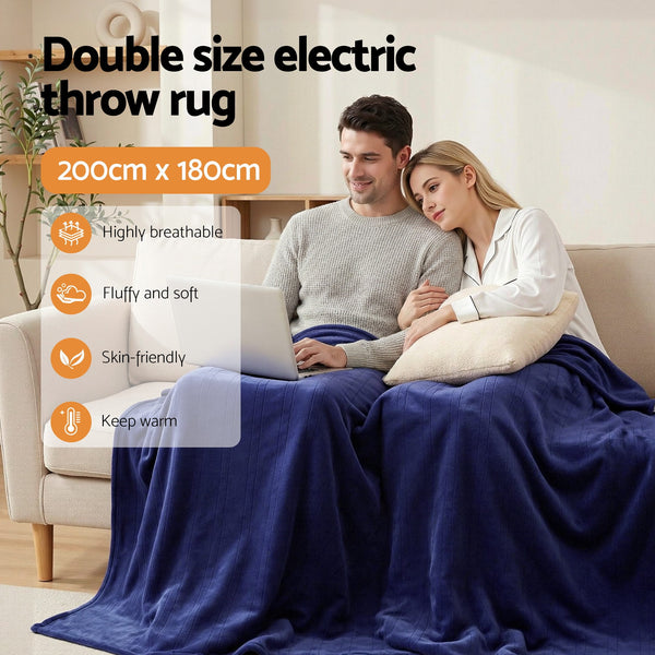 Giselle Electric Heated Fleece Flannel Throw Rug Blanket Double 200 x 180cm Navy