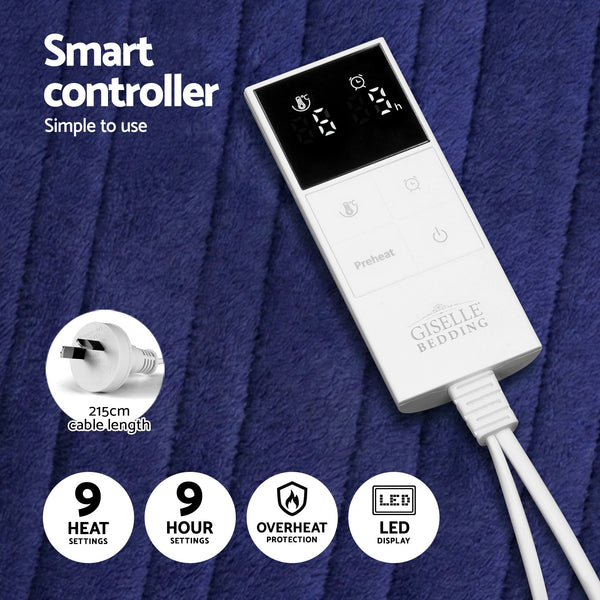 Giselle Electric Heated Fleece Flannel Throw Rug Blanket Double 200 x 180cm Navy