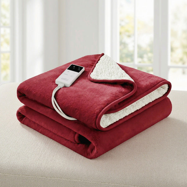 Giselle Electric Heated Fleece Sherpa Throw Rug Blanket Washable Timer Burgundy