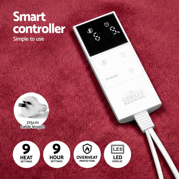 Giselle Electric Heated Fleece Sherpa Throw Rug Blanket Washable Timer Burgundy