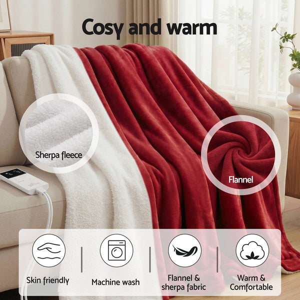 Giselle Electric Heated Fleece Sherpa Throw Rug Blanket Washable Timer Burgundy