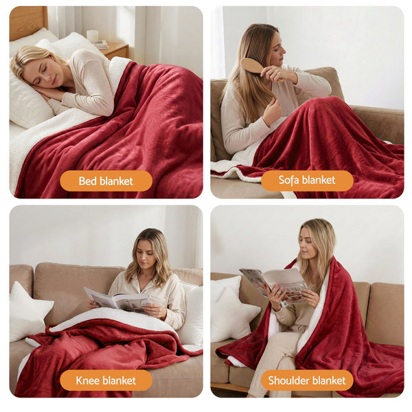 Giselle Electric Heated Fleece Sherpa Throw Rug Blanket Washable Timer Burgundy