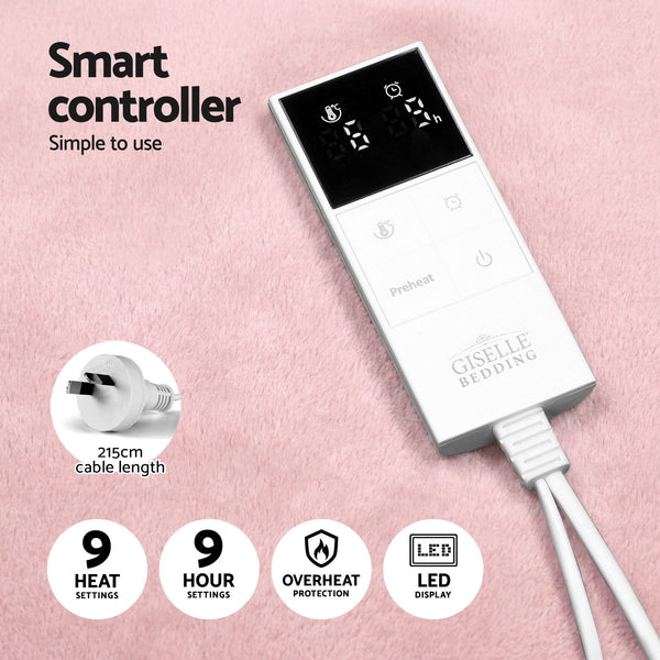 Giselle Electric Heated Fleece Sherpa Throw Rug Blanket Washable Timer Pink