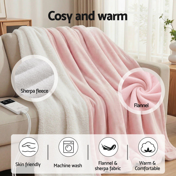 Giselle Electric Heated Fleece Sherpa Throw Rug Blanket Washable Timer Pink