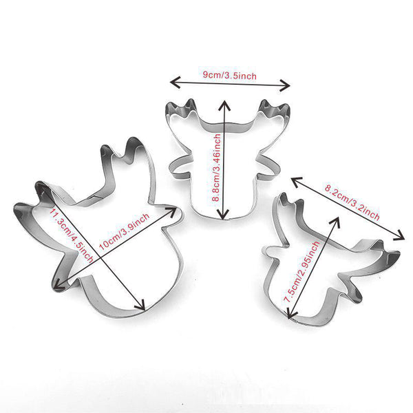 3 Pce Christmas Reindeer Cookie Biscuit Cutter Mold Stainless Steel