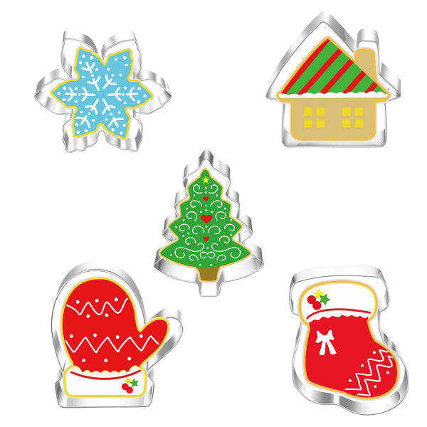 5 Pce Christmas Tree Snowman Snowflake Reindeer Cookie Biscuit Stainless Steel Cutters Molds