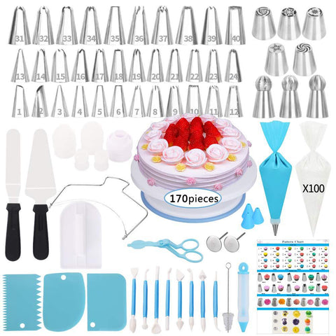 170 Pce Piping Icing Nozzles Tips Bags Turntable Scrapers Cake Cupcake Decorating