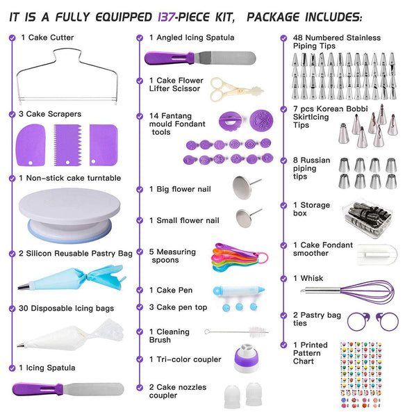 137 Pce Piping Icing Fondant Cream Pastry Nozzles Tips Bags Turntable Cake Decorating