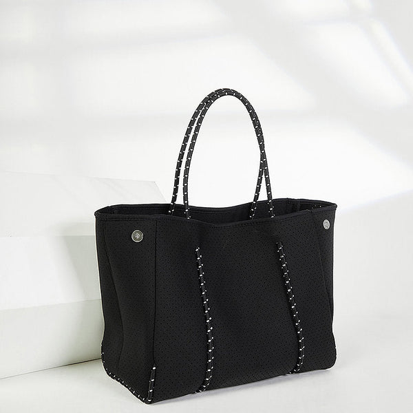 Fabric Tote Shoulder Beach Bag Rope Handle + Pouch Bag Black