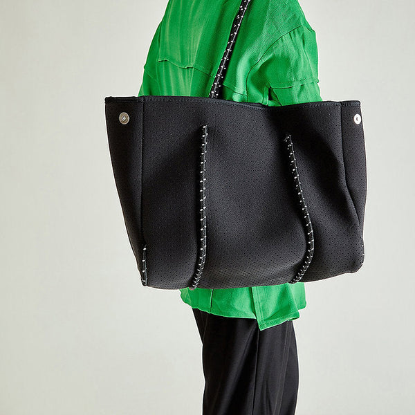 Fabric Tote Shoulder Beach Bag Rope Handle + Pouch Bag Black