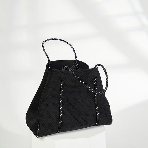 Fabric Tote Shoulder Beach Bag Rope Handle + Pouch Bag Black