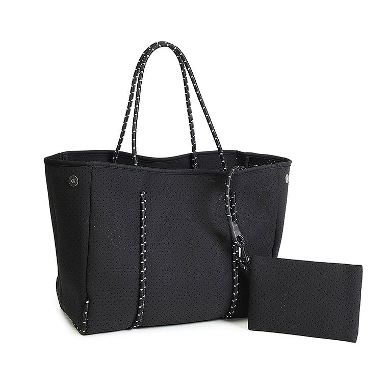 Fabric Tote Shoulder Beach Bag Rope Handle + Pouch Bag Black
