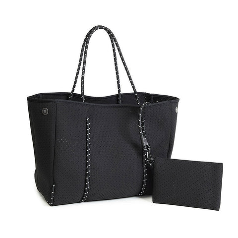 Fabric Tote Shoulder Beach Bag Rope Handle + Pouch Bag Black