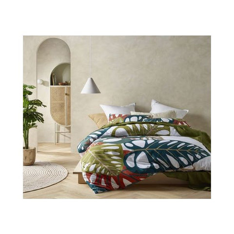 Accessorize Monstera Leaves Cotton Quilt Doona Duvet Cover Set Queen