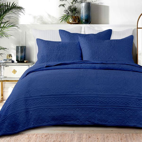 Classic Quilts Cotton Geometric Quilted Bedspread Coverlet Set Navy Blue Queen